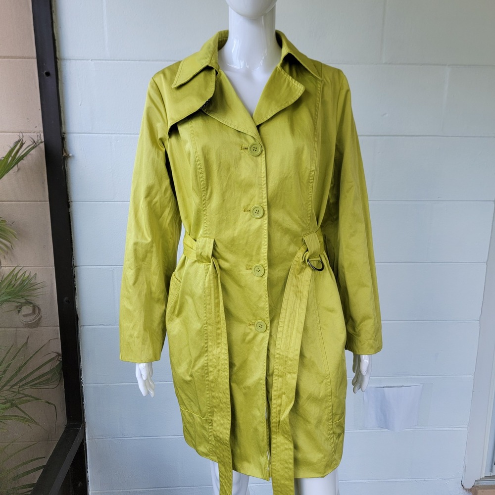 Sheego Trench Coat Lime Green Women US 12 Polka Dot Lining Modern Belted Jacket